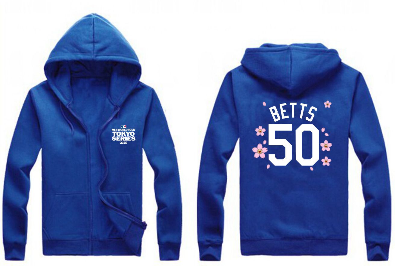 Men Los Angeles Dodgers 50 Betts Blue Zipper hoodie 2025 MLB Jersey style 1